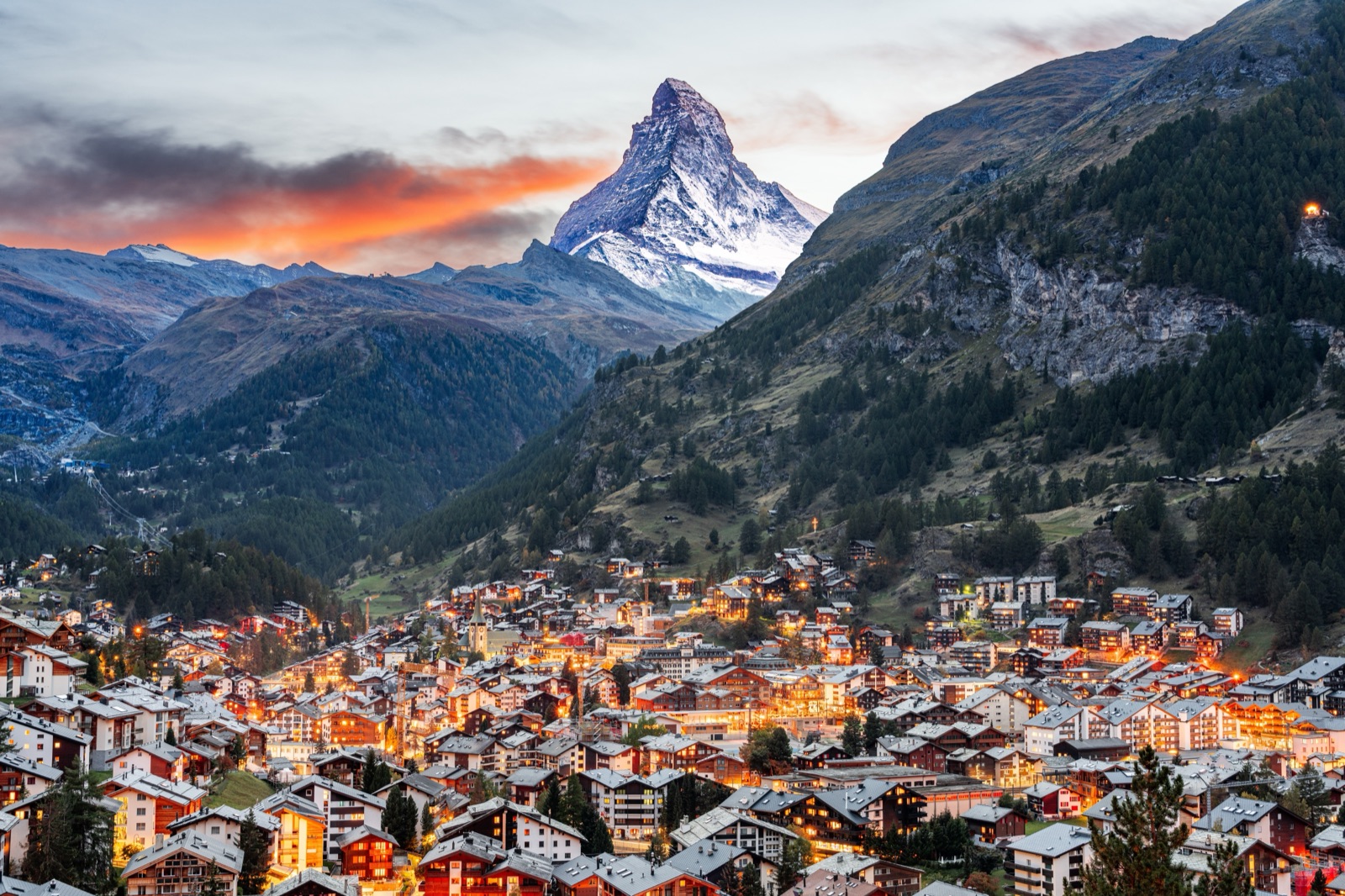 Zermatt village at dusk with the Matterhorn above